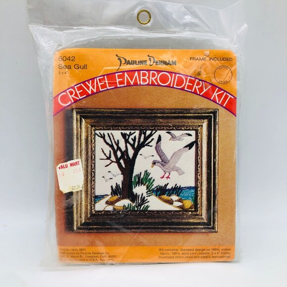Vtg 70s New Seagull Crewel Embroidery Kit Paula Denham #6042 Wool Yarn w Frame - Picture 1 of 7